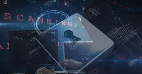 Image of scanning, data processing and online security padlock 스톡 사진