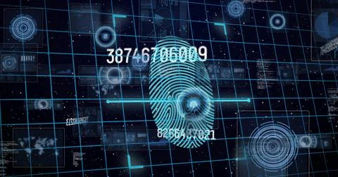 Image of scanning with fingerprint and data processing on black background Stock Photos