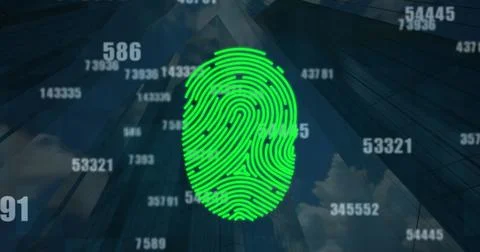 Image of scanning fingerprint, changing numbers, low angle view of buildings Ilustración de archivo