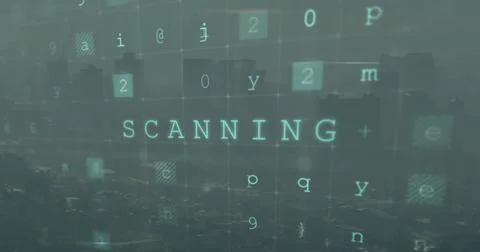 Image of scanning text and data processing over cityscape Foto stock