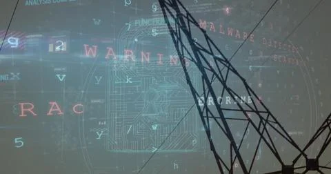 Image of scanning, virus warning and digital padlock over electricity poles 스톡 사진