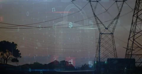 Image of scanning, virus warning and digital padlock over electricity poles 스톡 사진