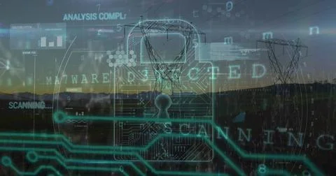 Image of scanning, virus warning and digital padlock over electricity poles Stockfoto's