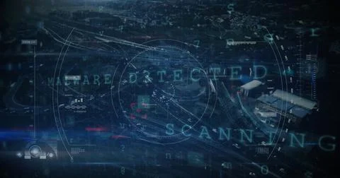 Image of scanning warning over data processing and cityscape Stockfoto's