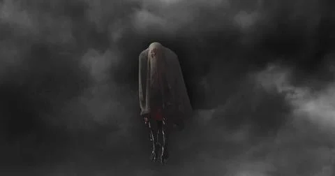 Image of scary halloween ghost over grey clouds in sky Ilustração Stock