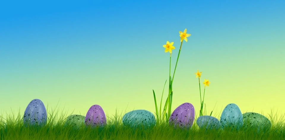 Image of a scene with easter eggs and colorful background Stock Photos
