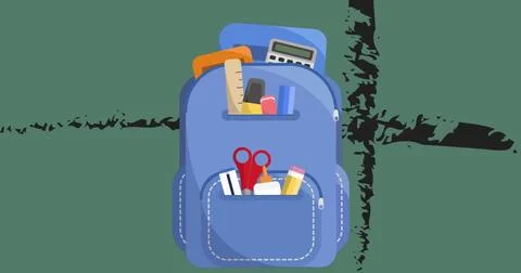Image of school bag icon floating against cross stripes on green background with Foto stock