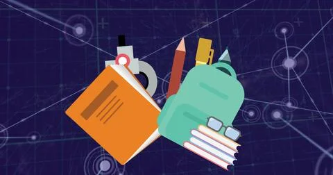Image of school concept icons over network of connections against blue Ilustração Stock