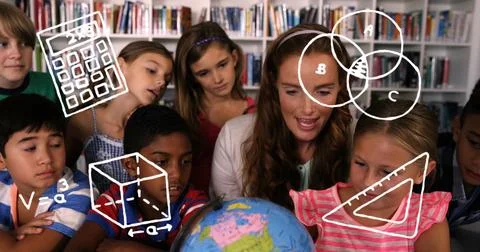 Image of school concept icons over caucasian female teacher and students Stock Photos