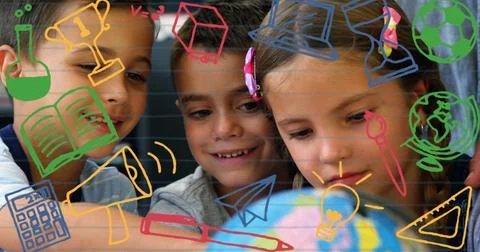Image of school concept icons over diverse students studying with globe model at Stock Photos