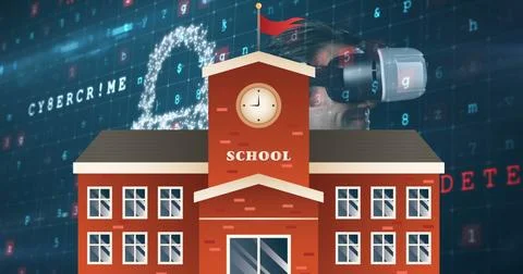 Image of school, data and digital padlock over caucasian man in vr headset Stock Illustration