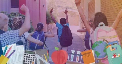 Image of school equipment over back of diverse pupils running outside school Stock Illustration