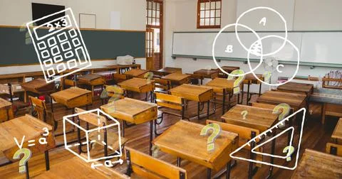 Image of school icons and question marks over empty classroom 스톡 일러스트
