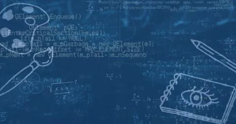 Image of school items and data processing over dark background Foto stock