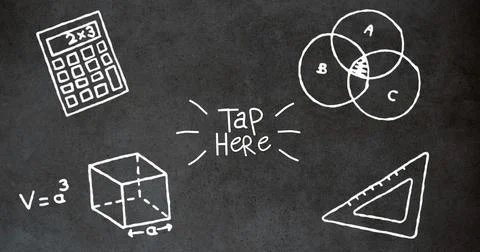 Image of school items icons and tap here text over black background, copy space Stock Photos