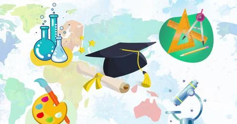 Image of school items icons over world map on white background Ilustração Stock