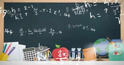 Image of school items icons over mathematical equations Stock Illustration
