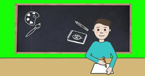 Image of schoolboy taking notes over blackboard with school items icons on green Stock Illustration