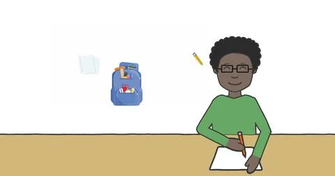 Image of schoolboy taking notes over school items icons on white background Illustrazione stock