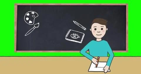 Image of schoolboy taking notes over blackboard with school items icons on green Illustrazione stock