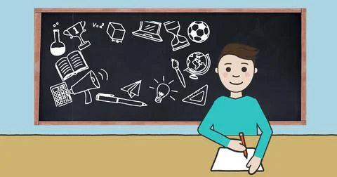 Image of schoolboy taking notes over blackboard with school items icons on blue イラスト素材