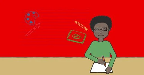 Image of schoolboy taking notes over school items icons on red background イラスト素材