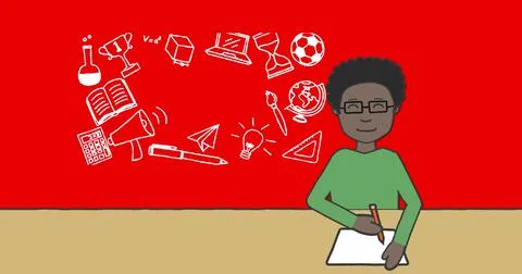Image of schoolboy taking notes over school items icons on red background Illustrazione stock