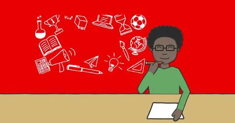 Image of schoolboy taking notes over school items icons on red background Illustrazione stock