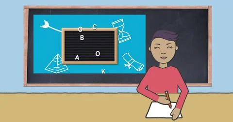 Image of schoolboy writing over back to school text on blackboard Ilustração Stock