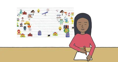 Image of schoolgirl taking notes over school items icons on white background Stock Illustration