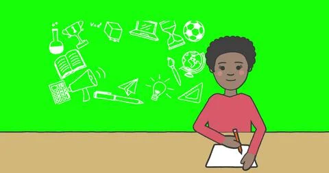 Image of schoolgirl taking notes over school items icons on green background イラスト素材