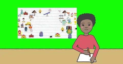 Image of schoolgirl taking notes over school items icons on green background Stock Illustration