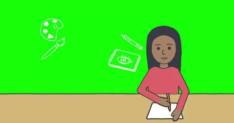 Image of schoolgirl taking notes over school items icons on green background イラスト素材