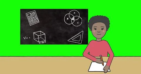 Image of schoolgirl taking notes over blackboard with school items icons on Illustrazione stock