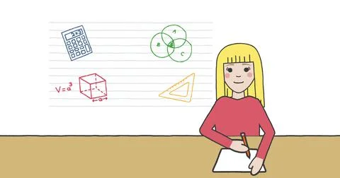 Image of schoolgirl taking notes over school items icons on white background Illustrazione stock