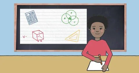 Image of schoolgirl taking notes over blackboard with school items icons on blue イラスト素材