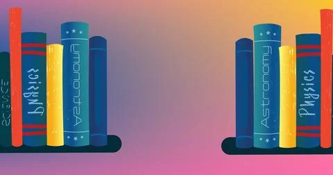 Image of science books on shelf over soft blue, pink and yellow background Stock Illustration