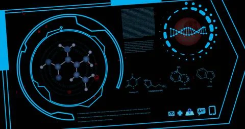 Image of science data processing and chemical formula over black background Stock Photos