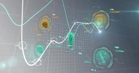 Image of science data processing over diagrams 스톡 일러스트
