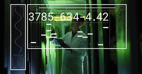 Image of science data processing over asian male worker in server room 스톡 일러스트