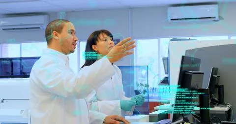 Image of science data processing over two diverse scientist Stock Photos