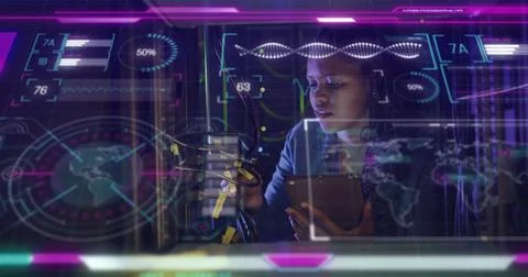 Image of science data processing over biracial female worker in server room 스톡 사진