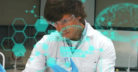 Image of science data processing over male caucasian scientist Stock Photos