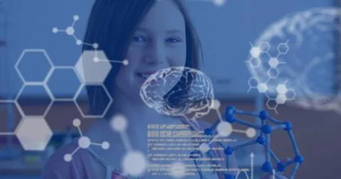 Image of science data processing over caucasian schoolgirl Photos