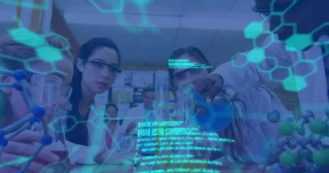 Image of science data processing over diverse group of students Stock Photos