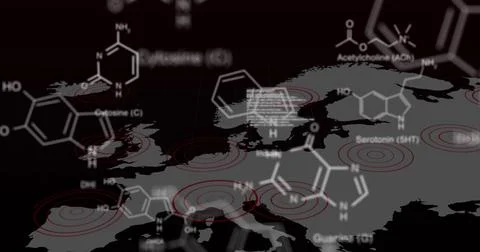 Image of science data processing with world map over black background Stock Illustration
