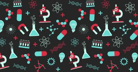 Image of science items icons on black background Illustrazione stock