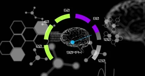 Image of scientific data and brain over speedometer and black background Stock Photos