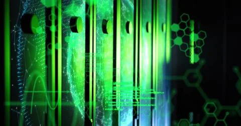 Image of scientific data and hexagons over servers Stock Photos