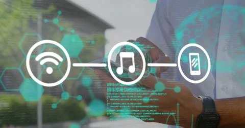 Image of scientific data and tech icons over hands of caucasian man using s.. Stock Photos